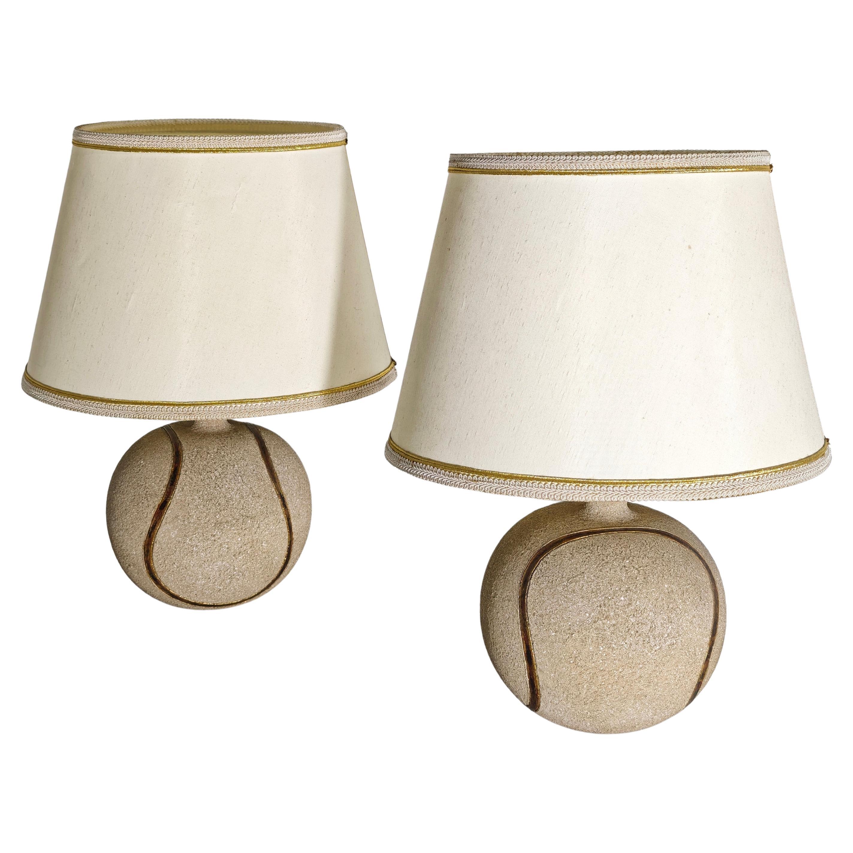 Set of 2 Table Lamps Ceramic Stone Fabric by Zaccagnini Italy 70s Mid-Century For Sale