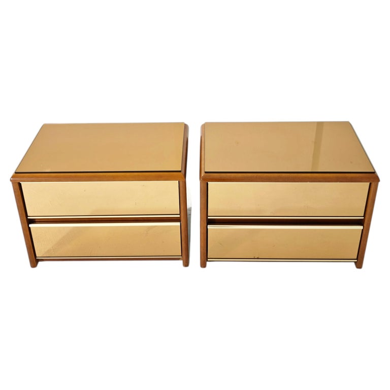 Set of 2 wooden and bronzed mirrored glass nightstands, Italia70s Mid-Century