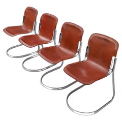 Set of 4 Willy Rizzo Diningchairs in Chrome and Leather for Cidue, Italy, 1970s