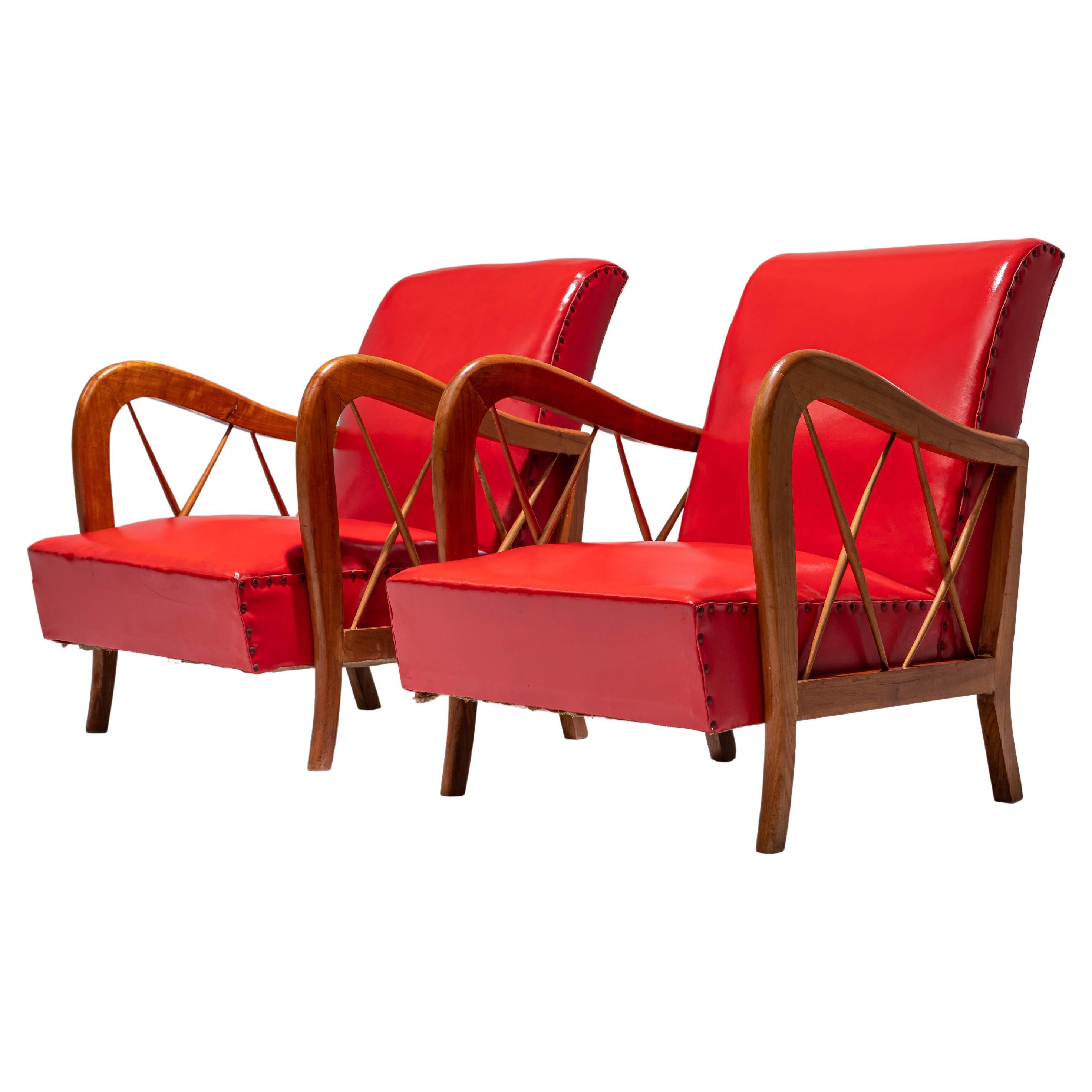 Set of 2 Arm Chairs by Paolo Buffa in Wood and Red Leatherette, Italy, 1950's