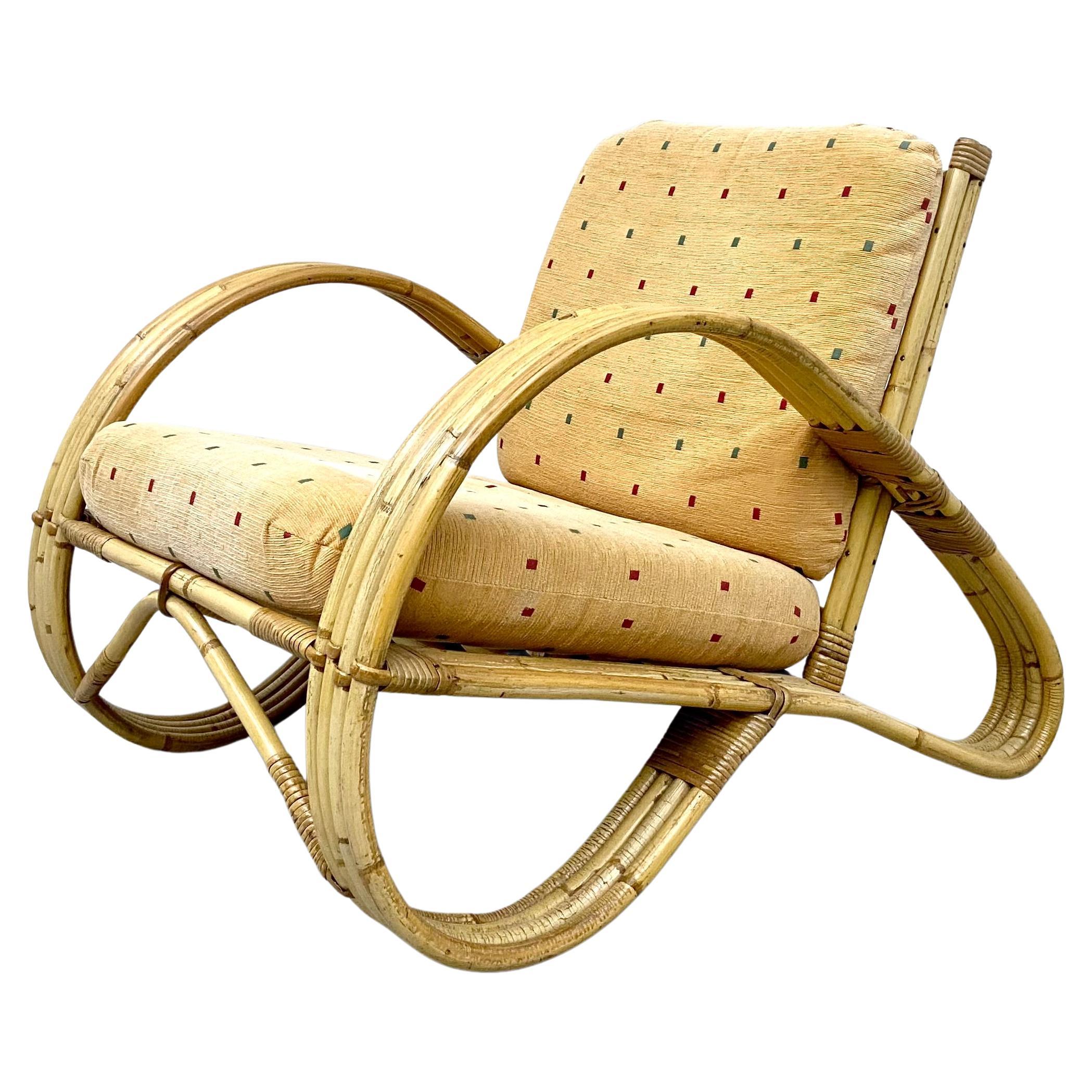 Rattan Loung Chair in Bamboo and Fabric, France, 1960's For Sale