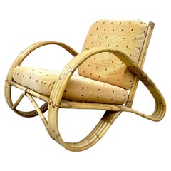 Vintage Rattan Loung Chair in Bamboo and Fabric, France, 1960's