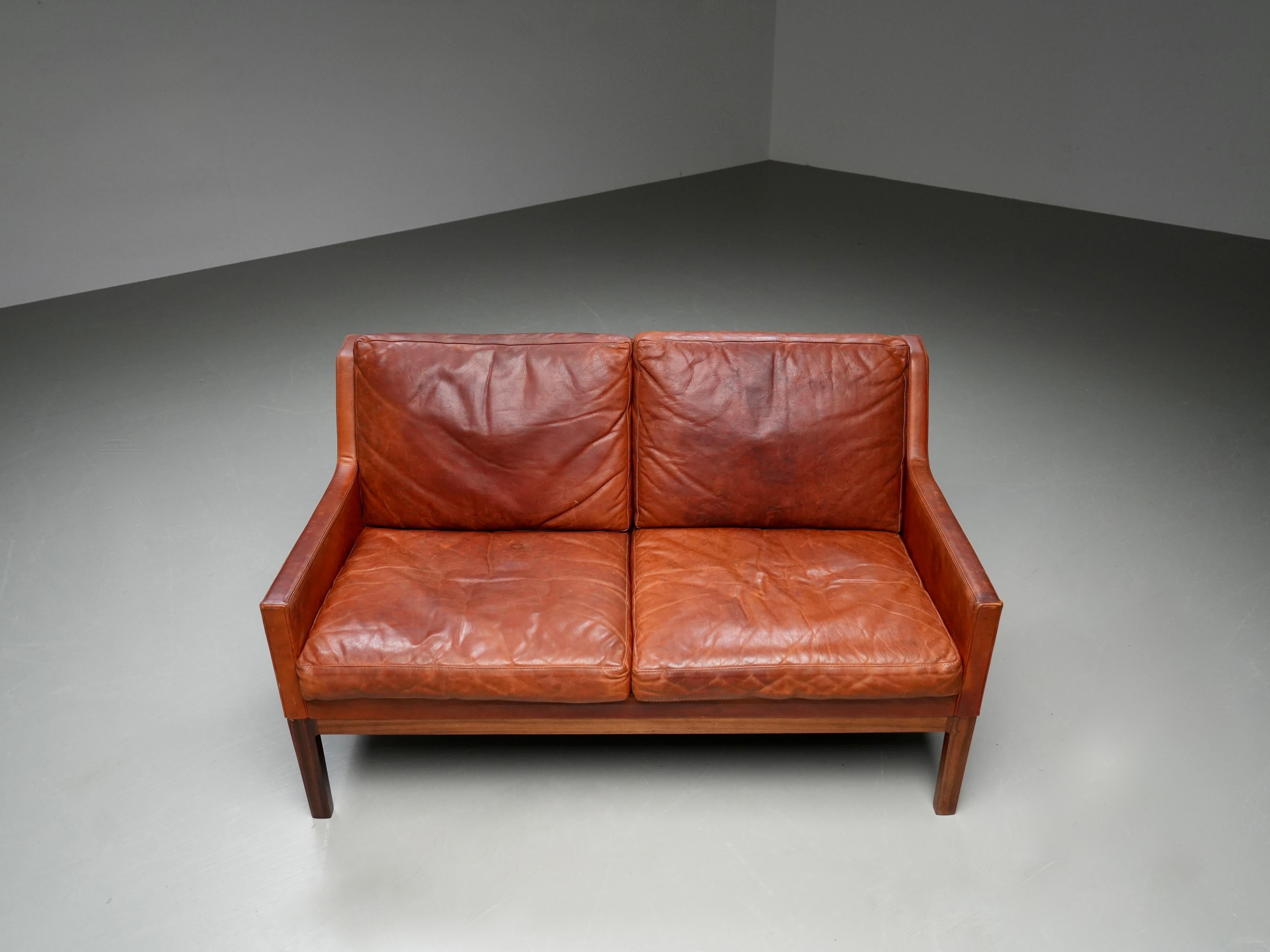 Kai Lyngfeldt Larsen 2 seat sofa in cognac patinated leather, Denmark, 1960’s For Sale 8