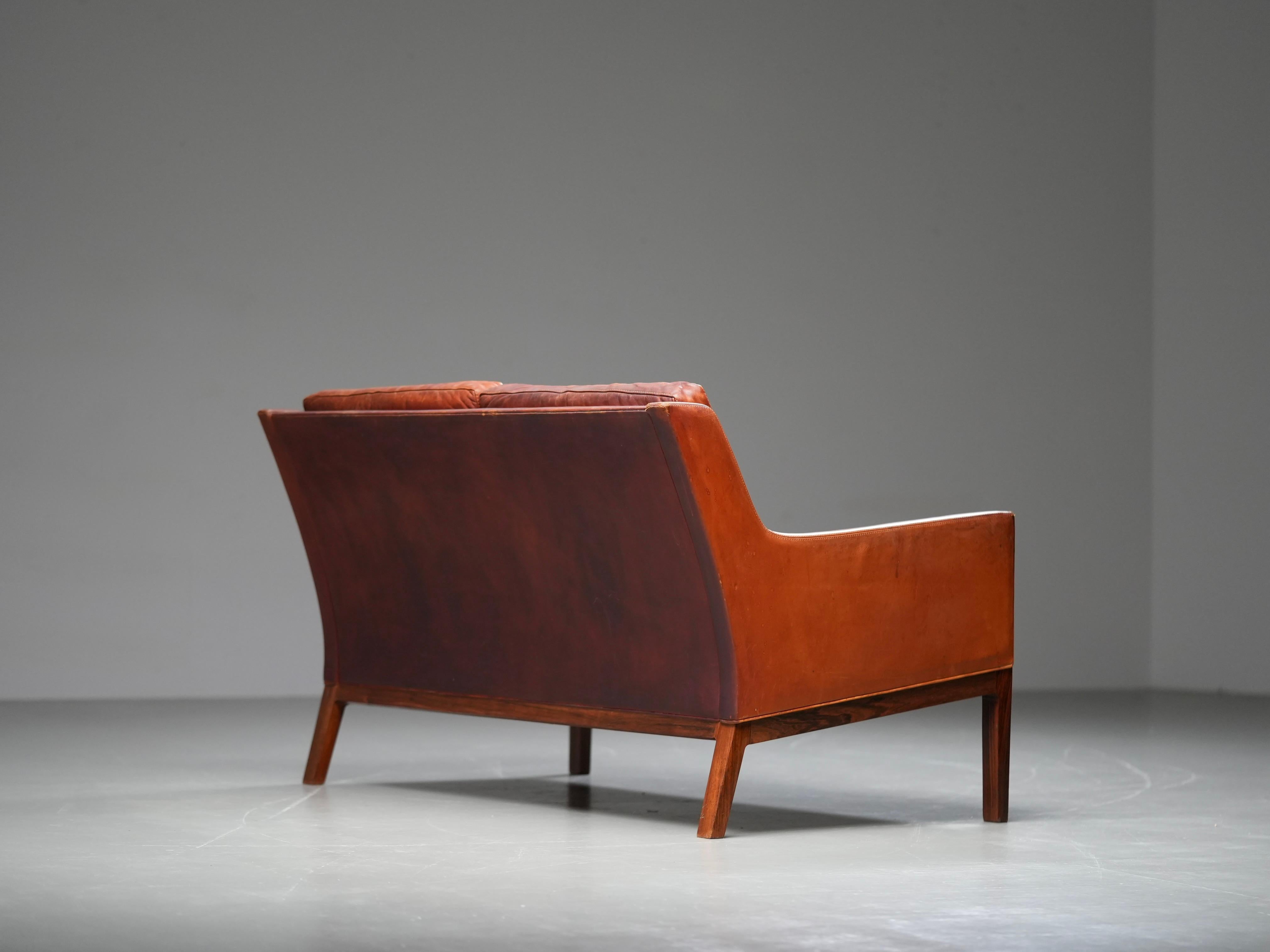 Kai Lyngfeldt Larsen 2 seat sofa in cognac patinated leather, Denmark, 1960’s For Sale 3