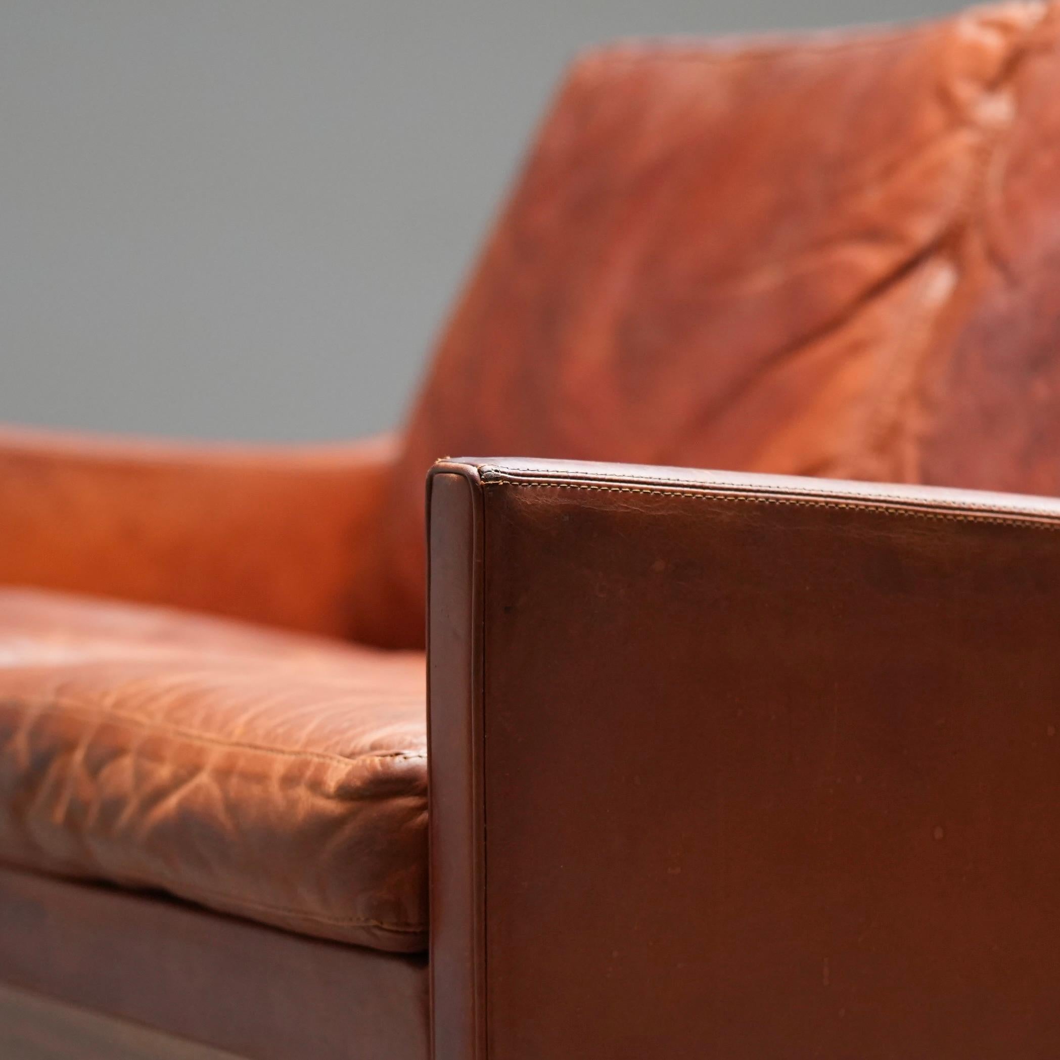 Kai Lyngfeldt Larsen 2 seat sofa in cognac patinated leather, Denmark, 1960’s For Sale 7