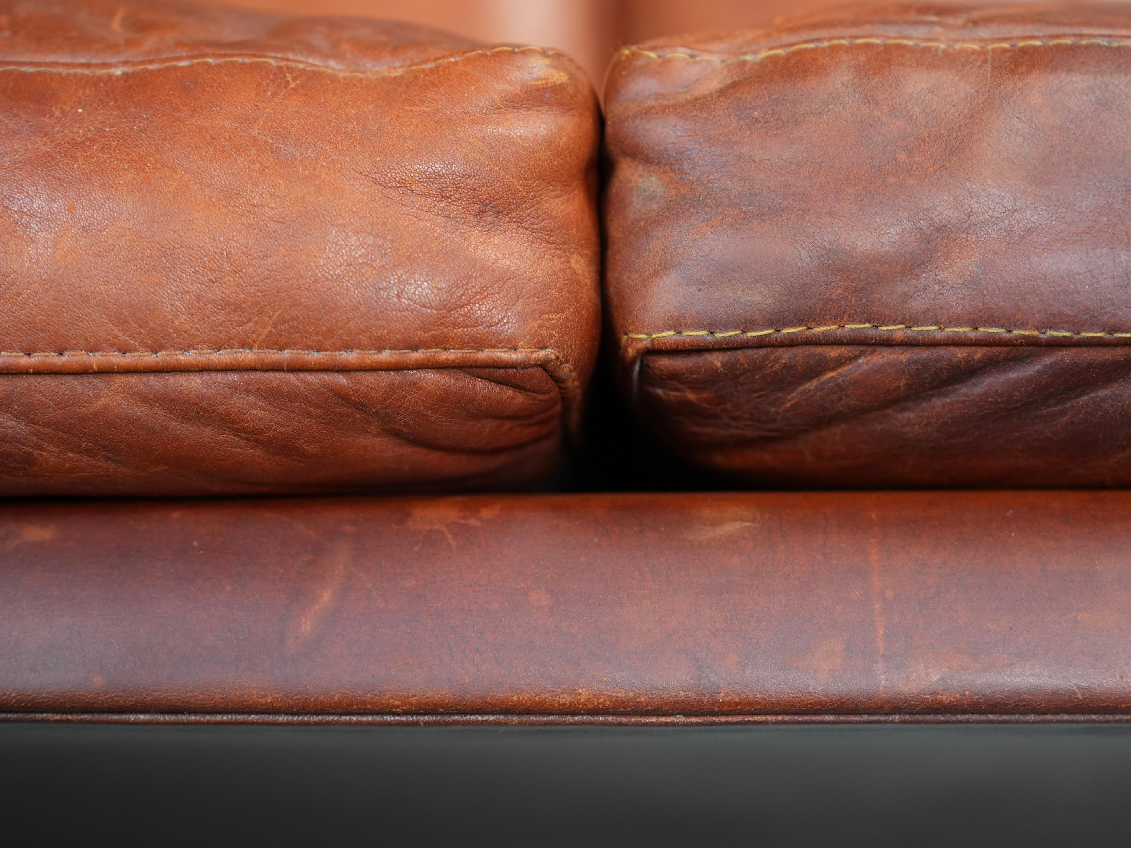Kai Lyngfeldt Larsen 2 seat sofa in cognac patinated leather, Denmark, 1960’s For Sale 4