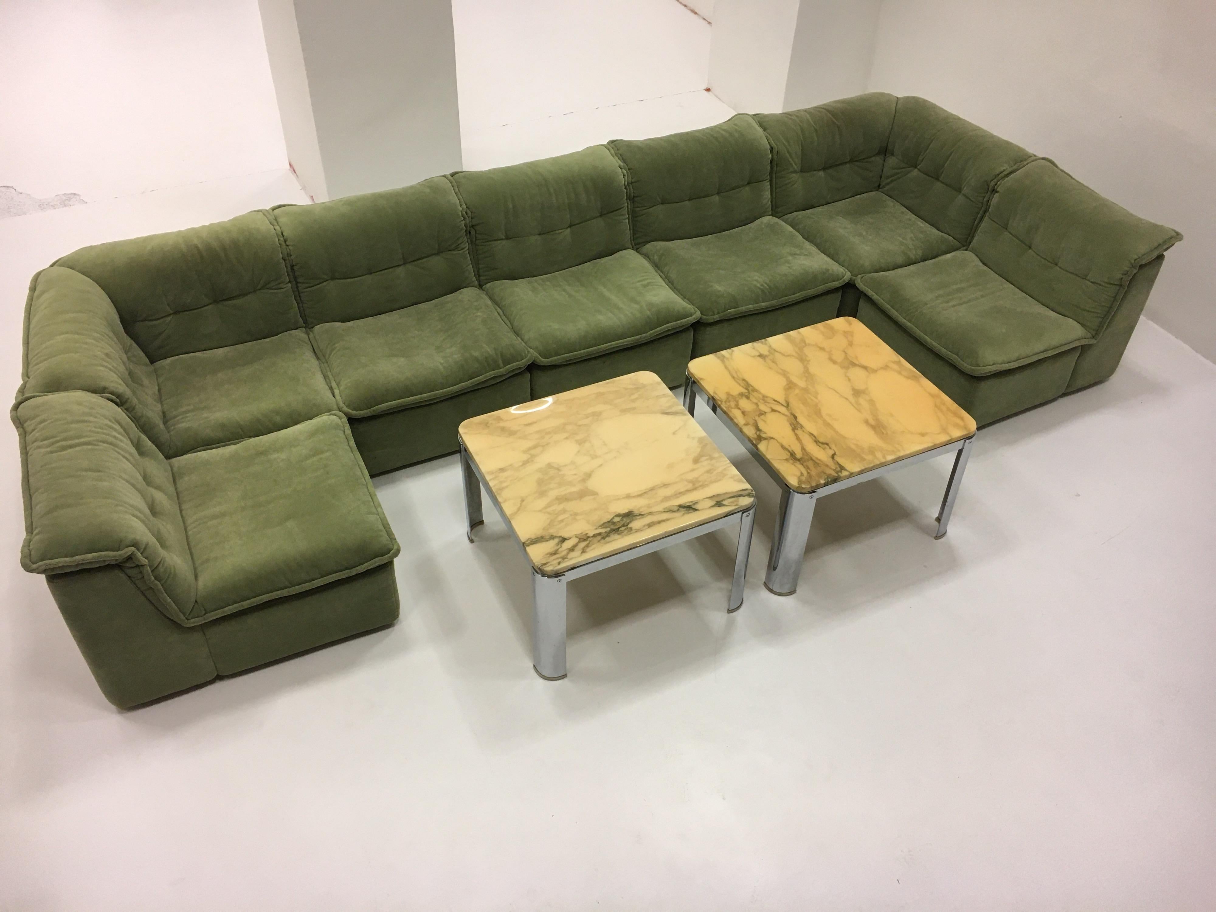 Vintage Rolf Benz modular sectional sofa suite, Germany, 1970. A fantastic modern vintage modular sofa in a lovely soft brushed light green fabric. The set consists of seven sectional elements which were designed to be arranged as a U-shape group or