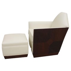 Elegant Art Deco Lounge Chair and Ottoman in Leather