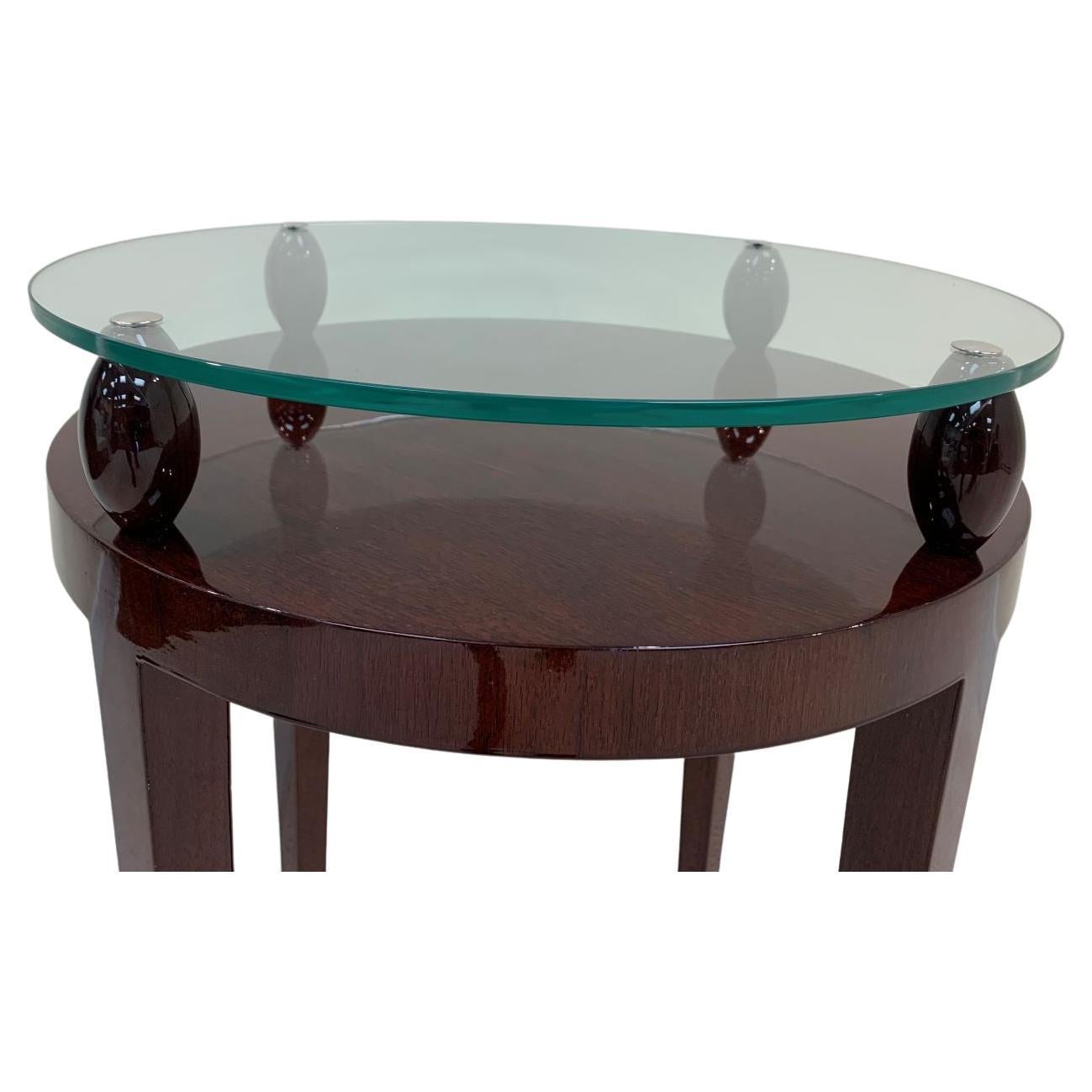 American Stunning Pair of Round  Art Deco Glass-Top Side Tables In Walnut Circa 1940's For Sale