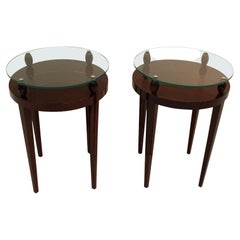 Vintage Stunning Pair of Round  Art Deco Glass-Top Side Tables In Walnut Circa 1940's