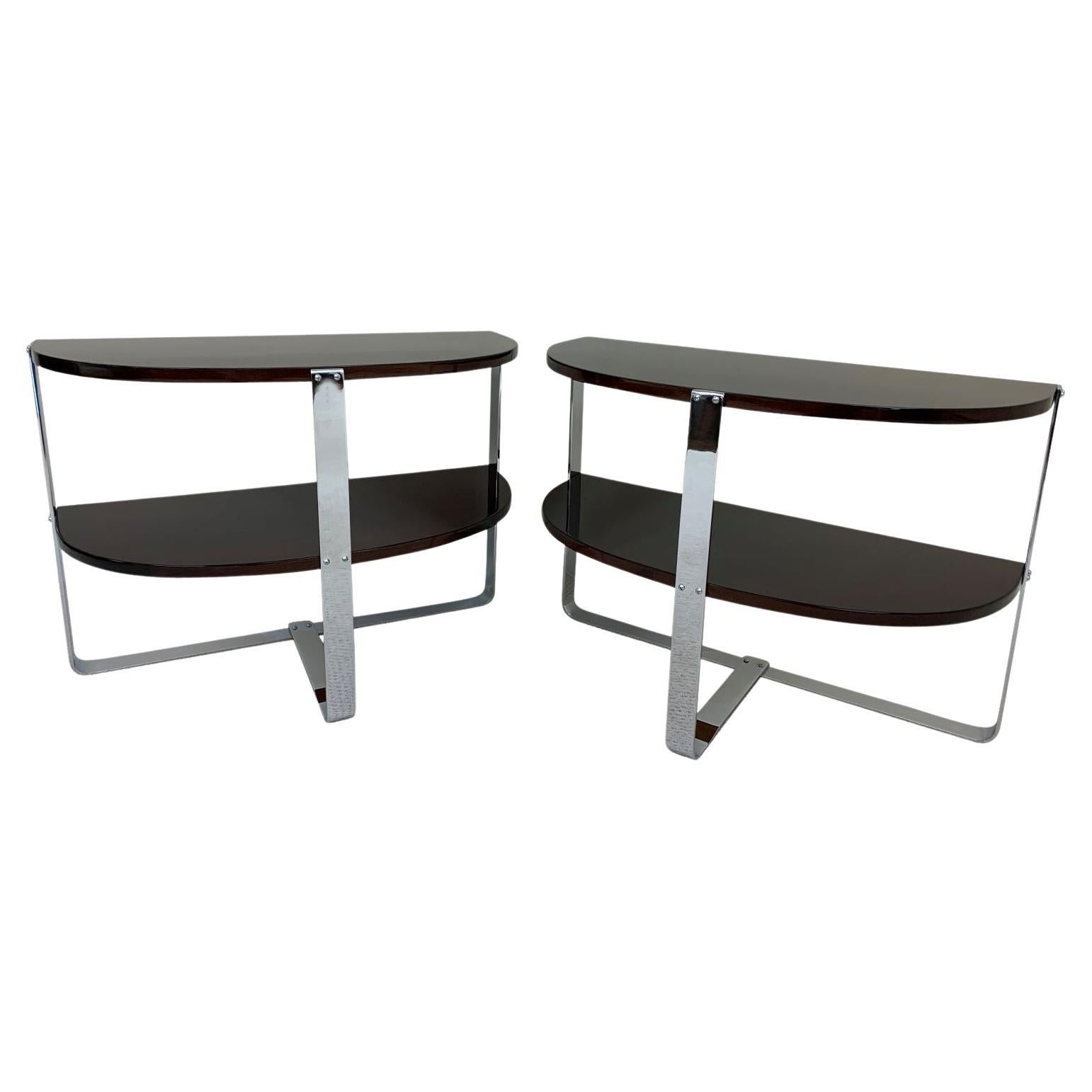Pair of Demilune Chrome and Art Deco Side Tables in the Style of Donald Deskey  For Sale