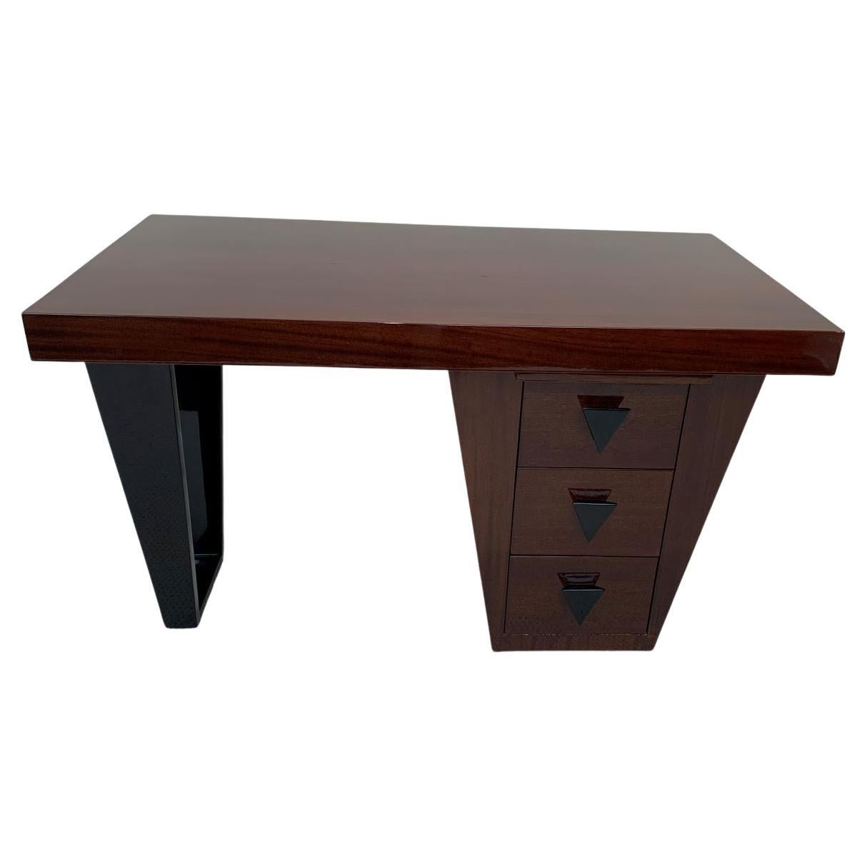 Professionally restored American Cubist Desk by Fox Modern. Very much in the style of Paul Frankl or Gilbert Rohde. This fabulous example could float in the middle of the room or go against a wall. Three drawers in the front allow for ample storage.