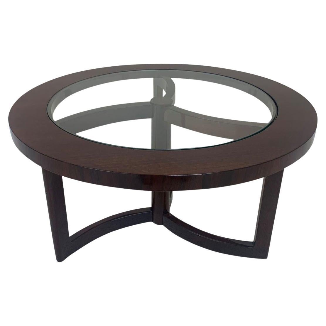 Mid-Century Modern Round Walnut and Glass Top Art Deco Cocktail Table circa 1950