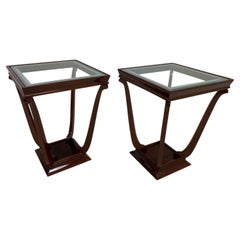Vintage Pair of French Style Streamline Art Deco Glass Top Side Tables
