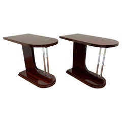 Pair of Machine Age Art Deco Bullet Side Tables with Solid Glass Rod Circa 1930s