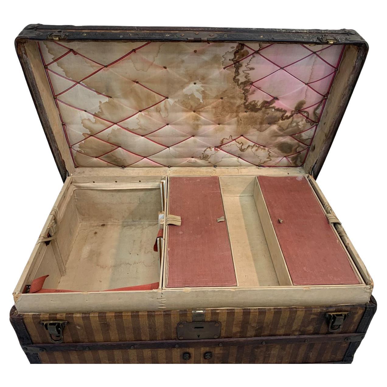 Rare Louis Vuitton 1870-1880's Striped Canvas Steamer Trunk In Distressed Condition In Bernville, PA