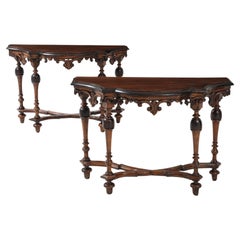 Pair of Late 17th C. Italian Tuscan Walnut Demi Lunes, Carved Decoration, Italy