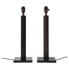 Lance Thompson Bronze Patina Custom Made Metal Column Lamps, Custom Silk Shade
