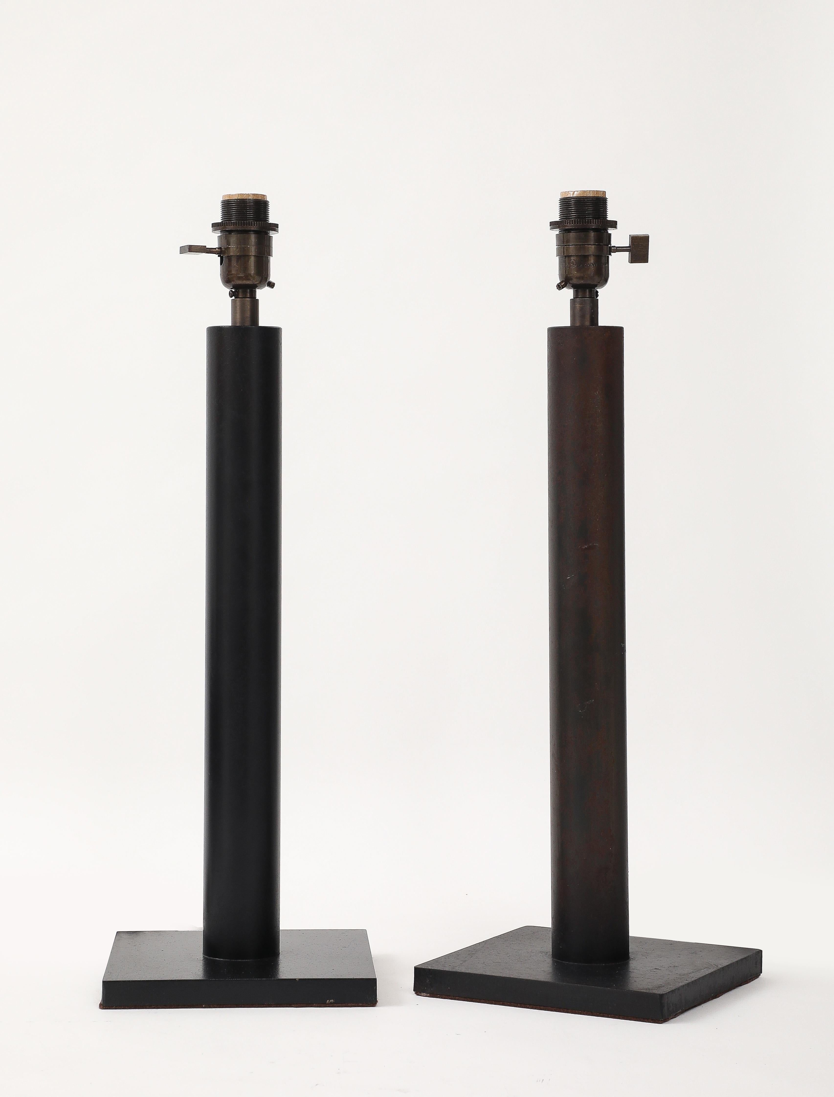 Modern Lance Thompson Bronze Patina Custom Made Metal Column Lamps, Custom Silk Shade For Sale