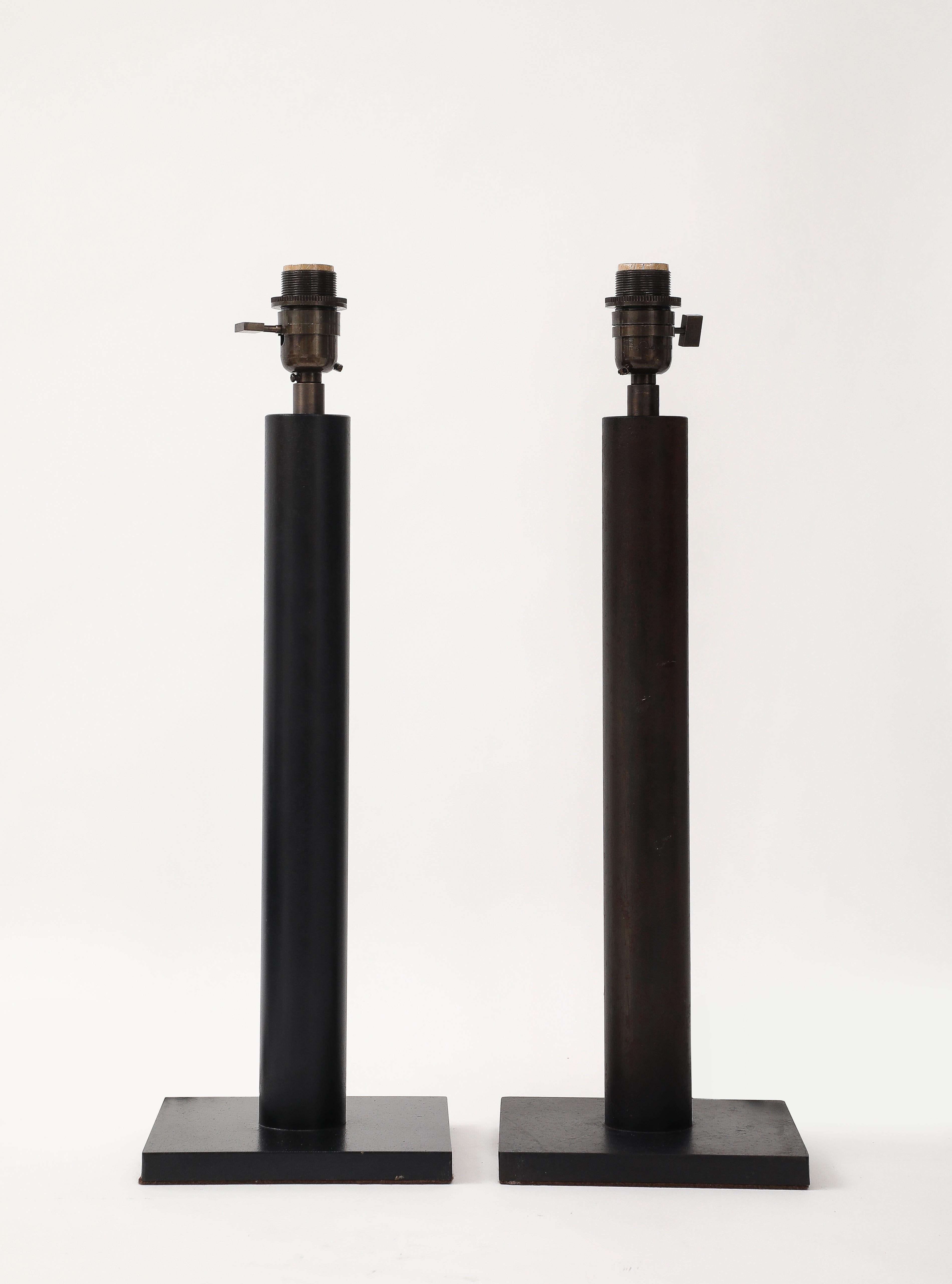 Lance Thompson Inc. Bronze Patina Custom Made Metal Column Lamps, Custom Silk Shade, Silk Twist Cord, Bronze Hardware

Priced Individually

TWO PAIR IN STOCK