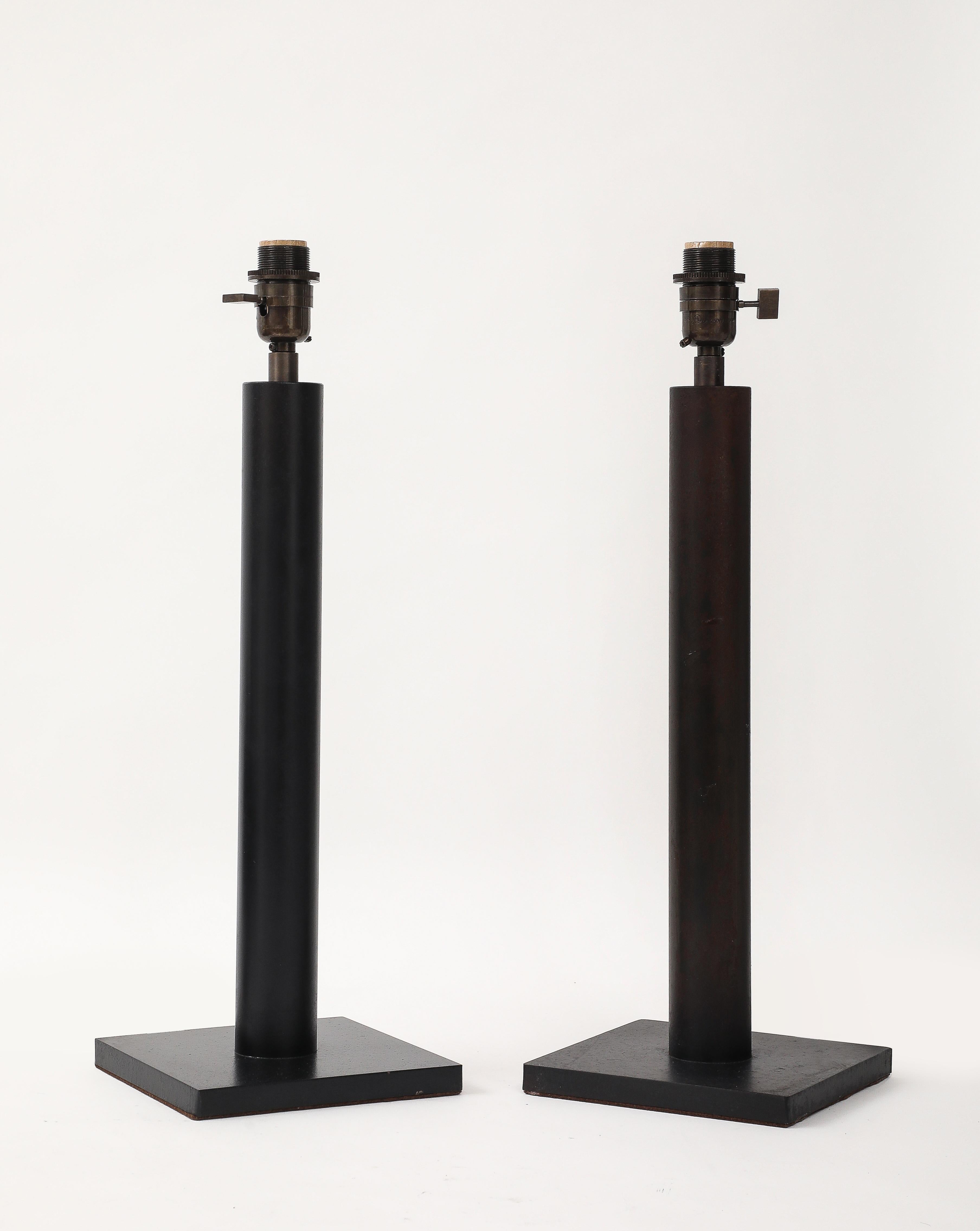 American Lance Thompson Bronze Patina Custom Made Metal Column Lamps, Custom Silk Shade For Sale