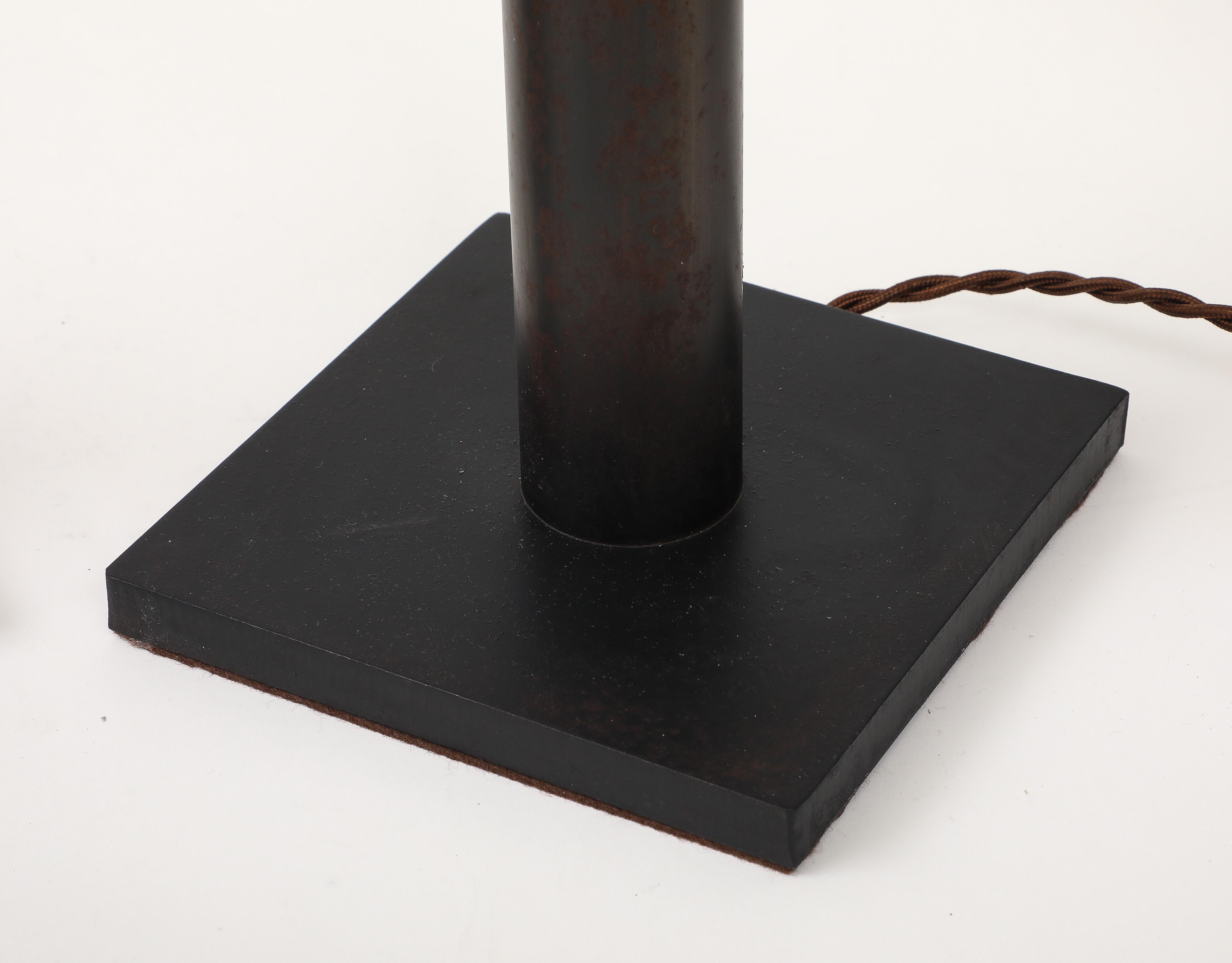 Lance Thompson Bronze Patina Custom Made Metal Column Lamps, Custom Silk Shade In Good Condition For Sale In Brooklyn, NY