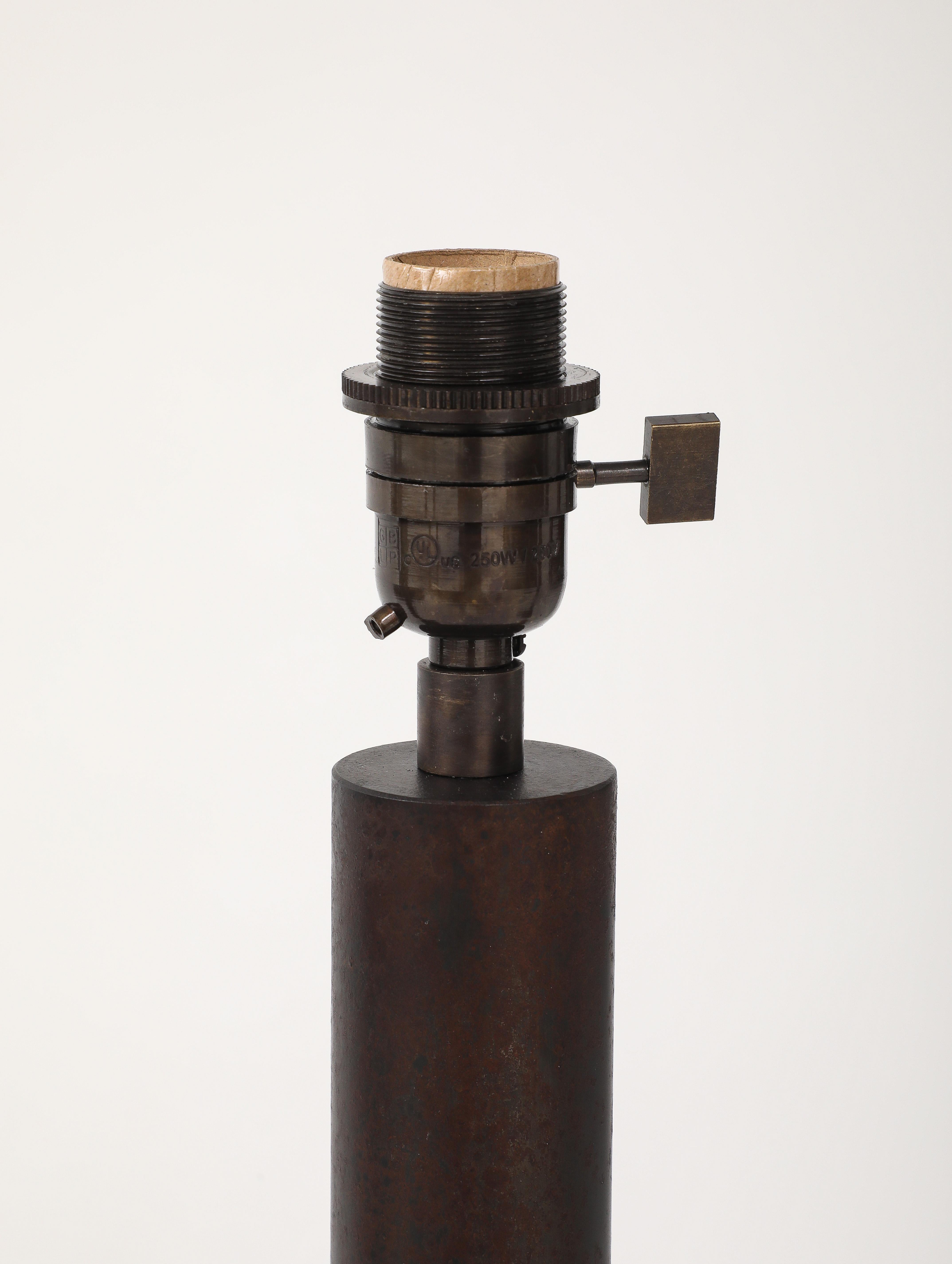 Lance Thompson Bronze Patina Custom Made Metal Column Lamps, Custom Silk Shade For Sale 1
