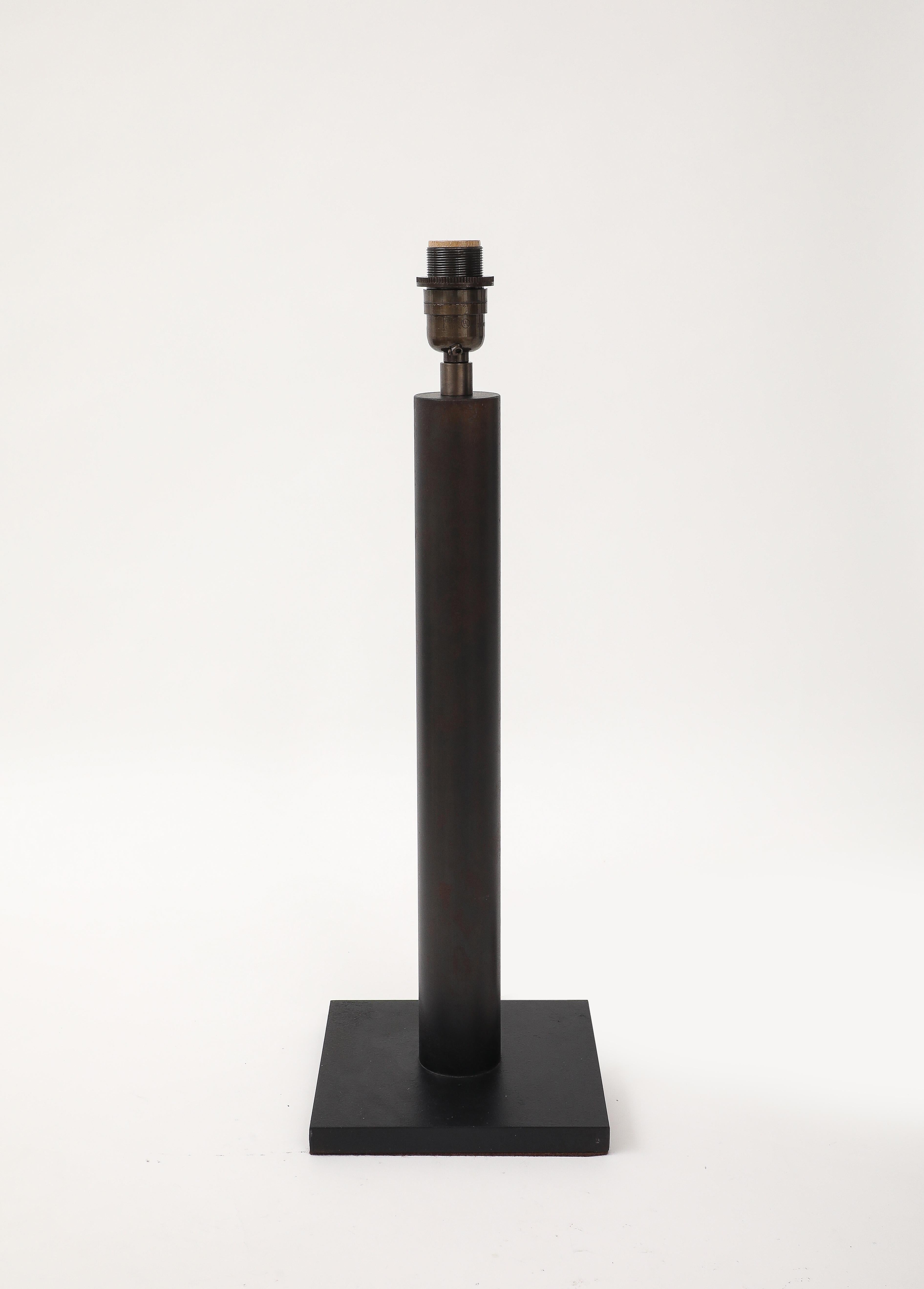 Lance Thompson Bronze Patina Custom Made Metal Column Lamps, Custom Silk Shade For Sale 7