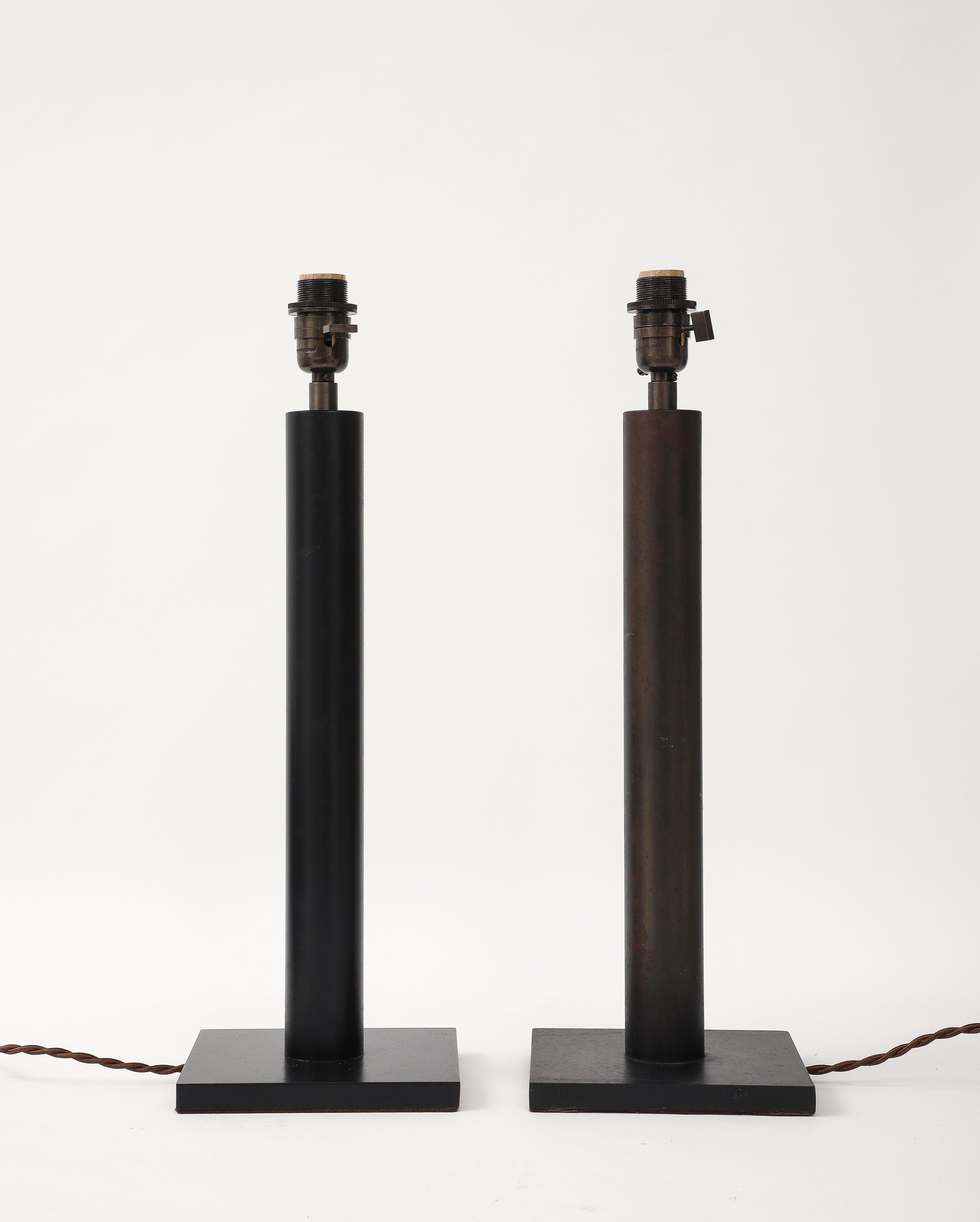 Lance Thompson Bronze Patina Custom Made Metal Column Lamps, Custom Silk Shade For Sale 3