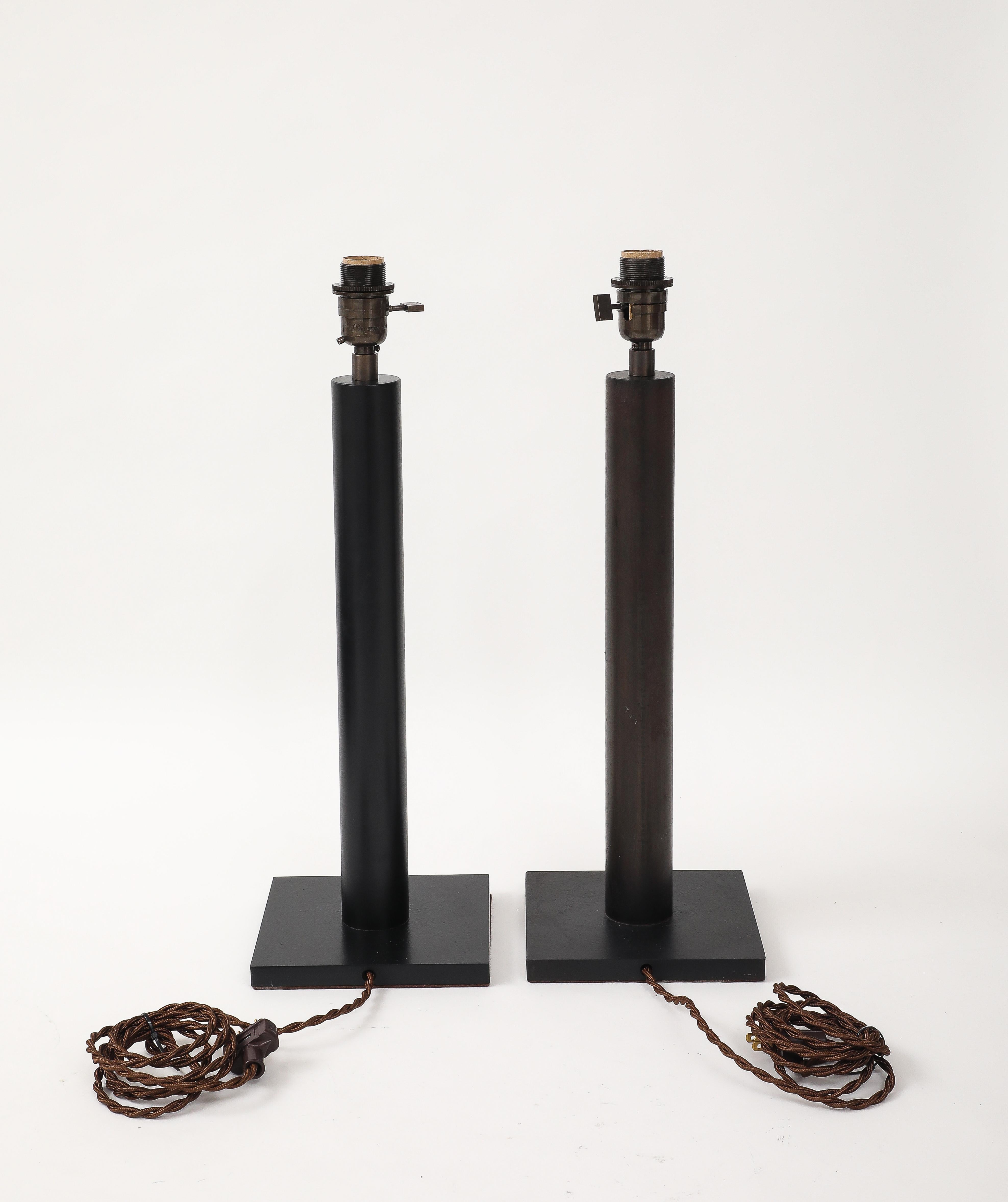 Lance Thompson Bronze Patina Custom Made Metal Column Lamps, Custom Silk Shade For Sale 4