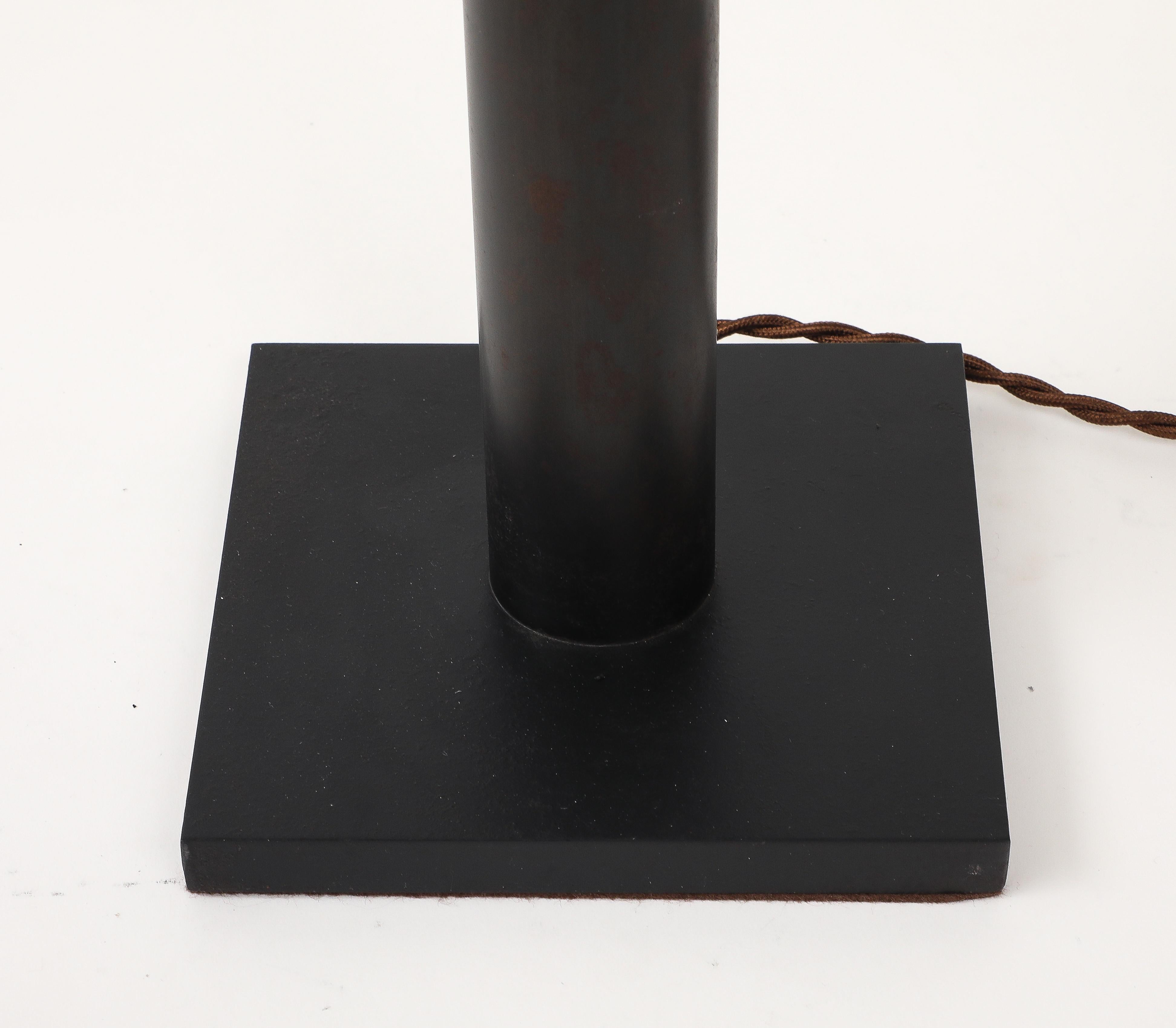 Lance Thompson Bronze Patina Custom Made Metal Column Lamps, Custom Silk Shade For Sale 8