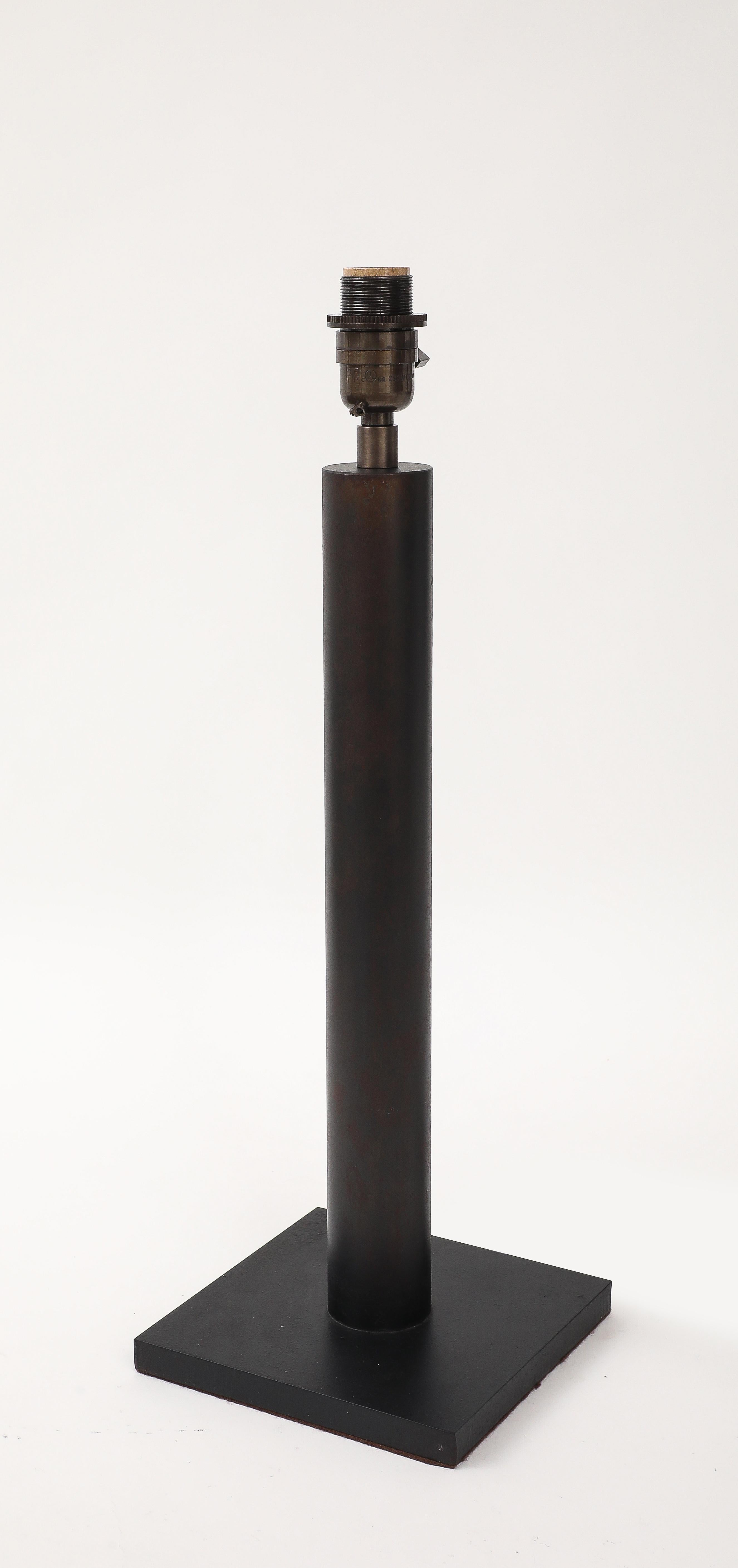 Lance Thompson Bronze Patina Custom Made Metal Column Lamps, Custom Silk Shade For Sale 10
