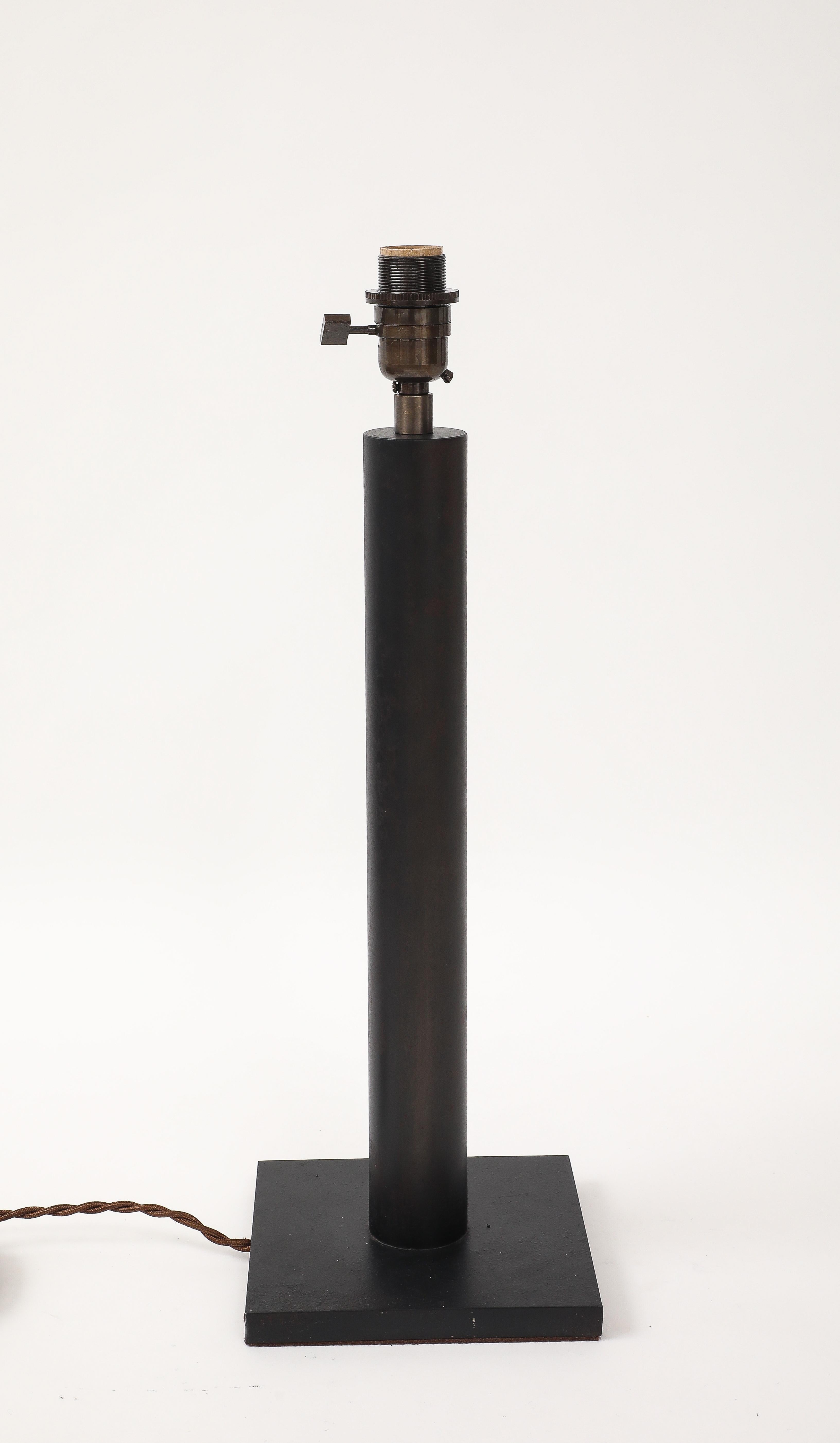 Lance Thompson Bronze Patina Custom Made Metal Column Lamps, Custom Silk Shade For Sale 13