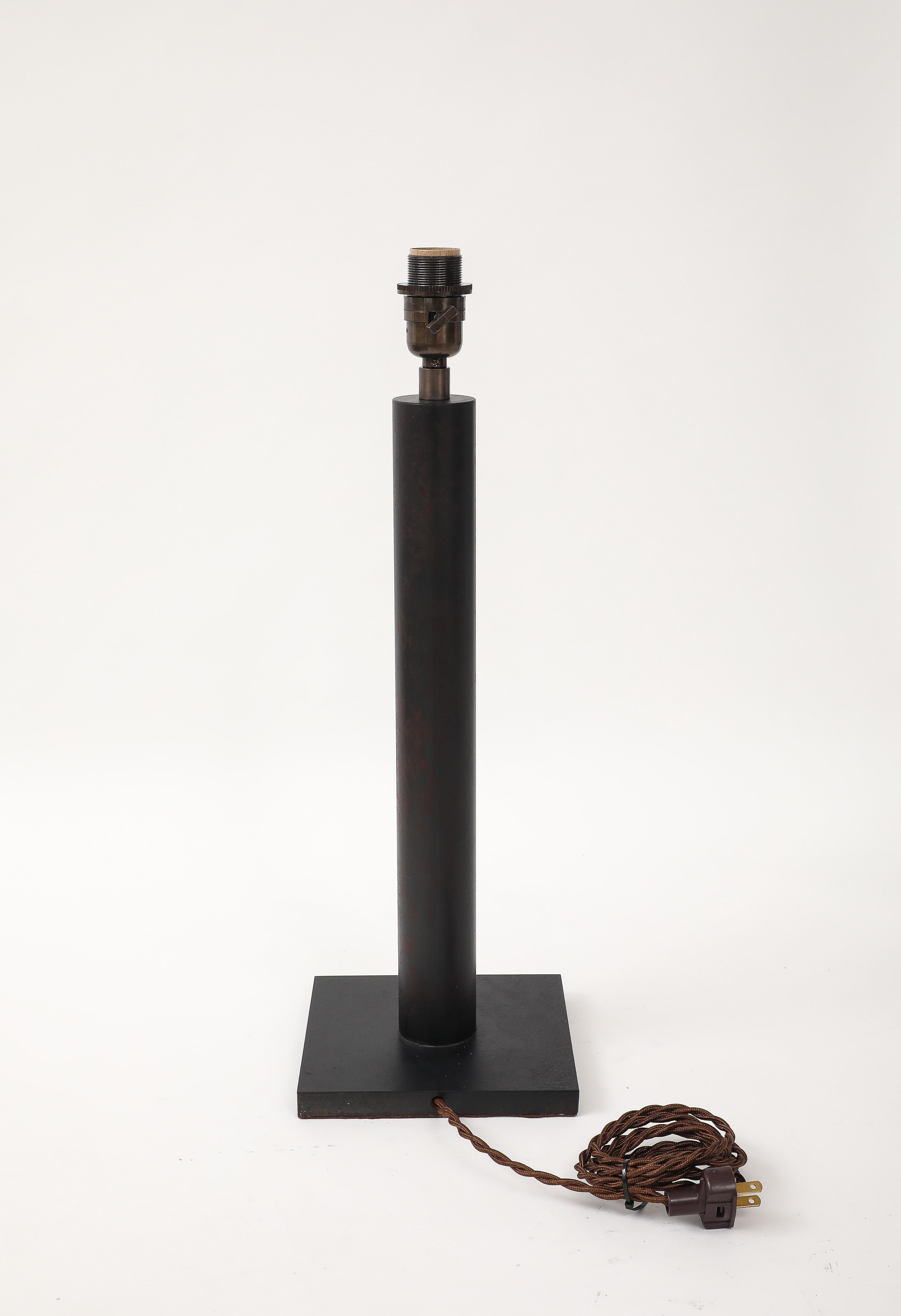 Lance Thompson Bronze Patina Custom Made Metal Column Lamps, Custom Silk Shade For Sale 12