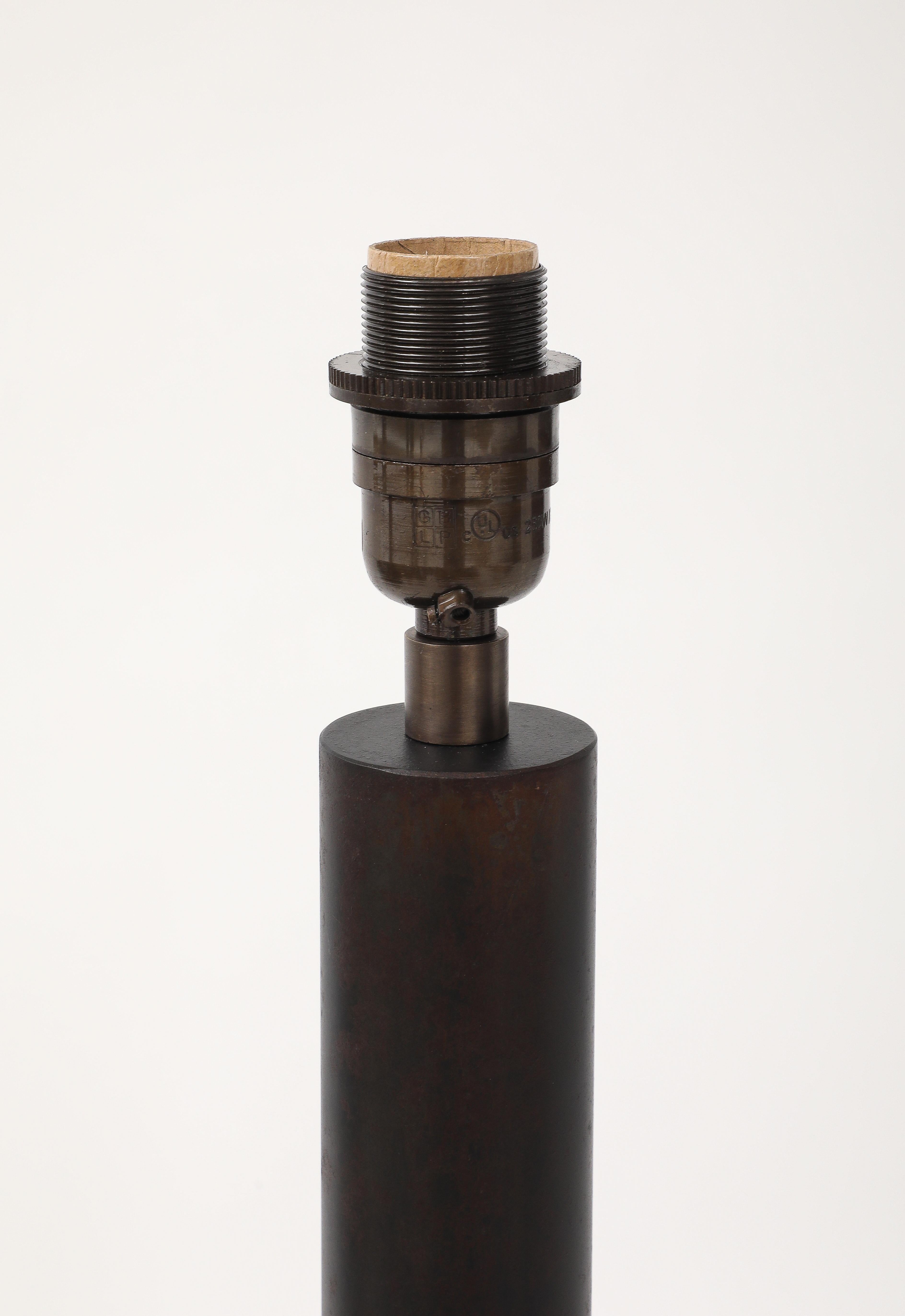 Lance Thompson Bronze Patina Custom Made Metal Column Lamps, Custom Silk Shade For Sale 9