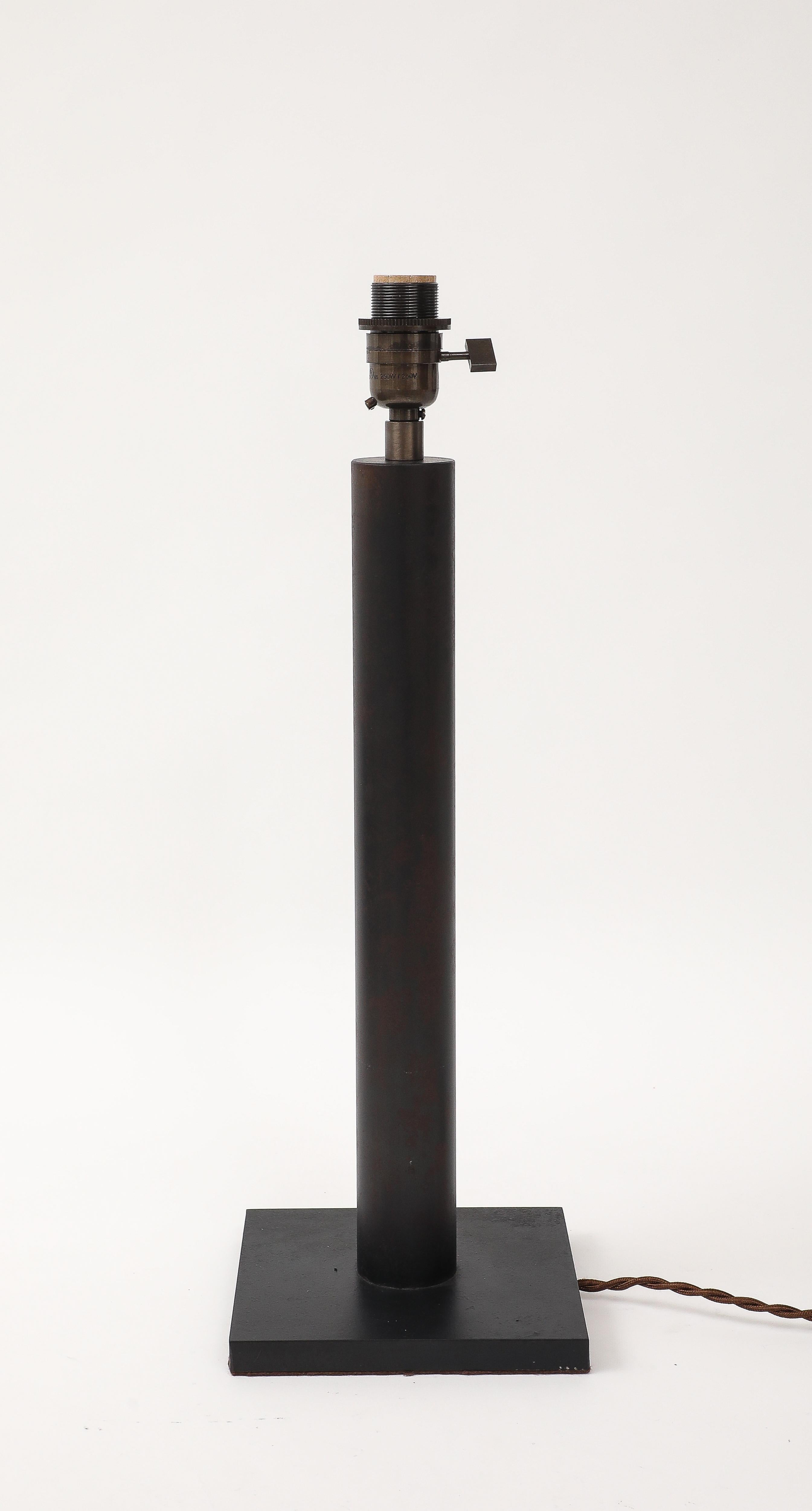 Lance Thompson Bronze Patina Custom Made Metal Column Lamps, Custom Silk Shade For Sale 11