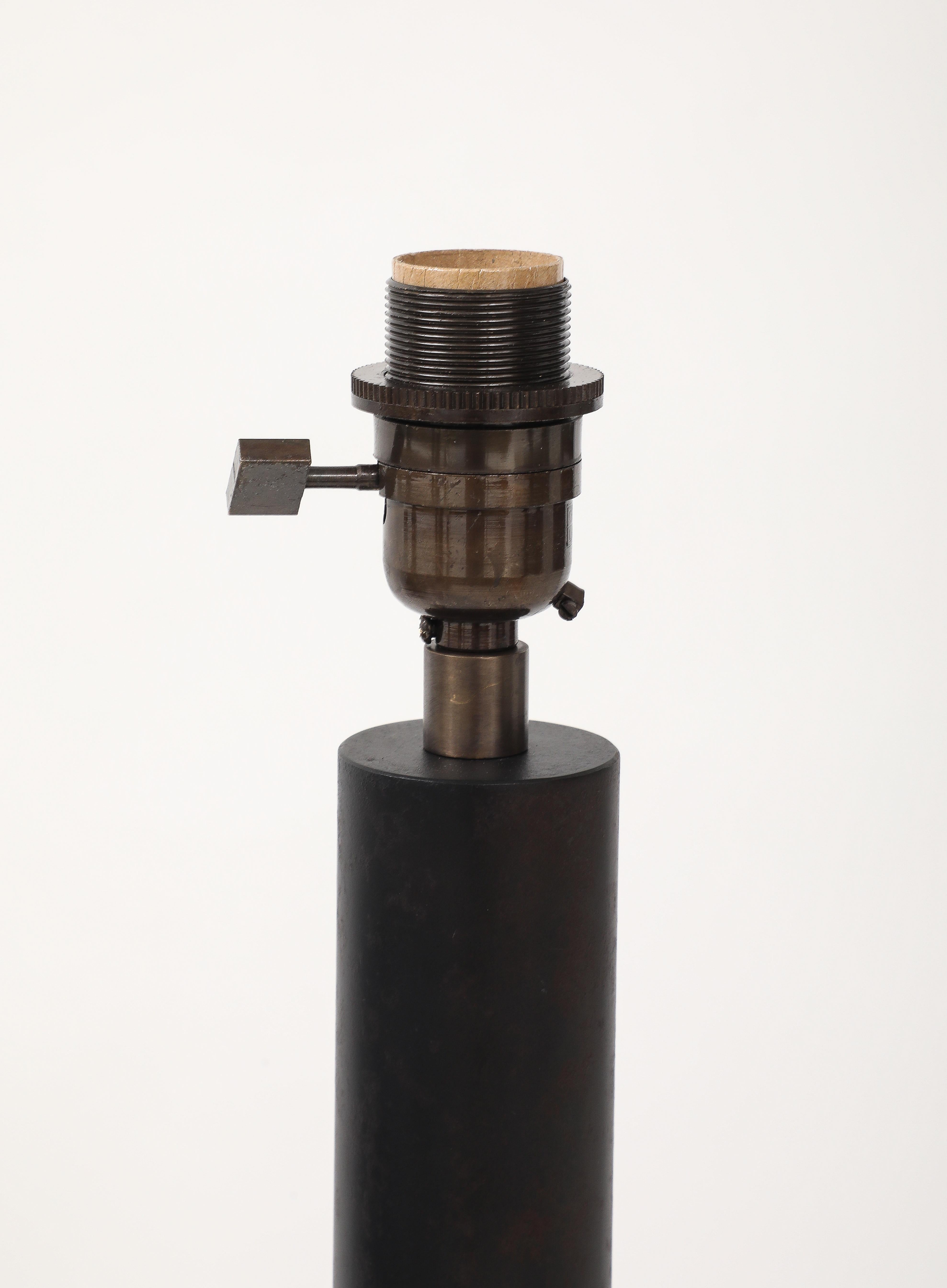 Lance Thompson Bronze Patina Custom Made Metal Column Lamps, Custom Silk Shade For Sale 14