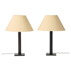 Pair Lance Thompson Bronze Patina Metal Column Lamps, Custom Silk Shade