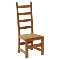 Pair French High Back Oak & Rush Rustic Modern Side Chairs, C. 1950, signed