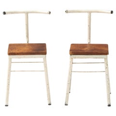Pair of French Modernist White Metal Chairs with Leather Seats, 1930's