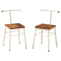 Pair of French Modernist White Metal Chairs with Leather Seats, 1930's