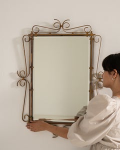 Art Deco Brass Wall Mirror, Rectilinear Design, France, Circa 1930