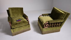 Pair of Green Danish Fringe Velvet Armchairs, Scandinavian, Circa 1940, Wood
