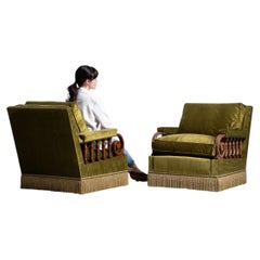 Pair of Green Danish Fringe Velvet Armchairs, Scandinavian, Circa 1940, Wood