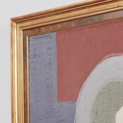 Collage textile « Copenhague » de Raoul Morren, aux tons ocre et violet, dans un cadre ancien