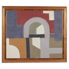 Collage textile « Copenhague » de Raoul Morren, aux tons ocre et violet, dans un cadre ancien