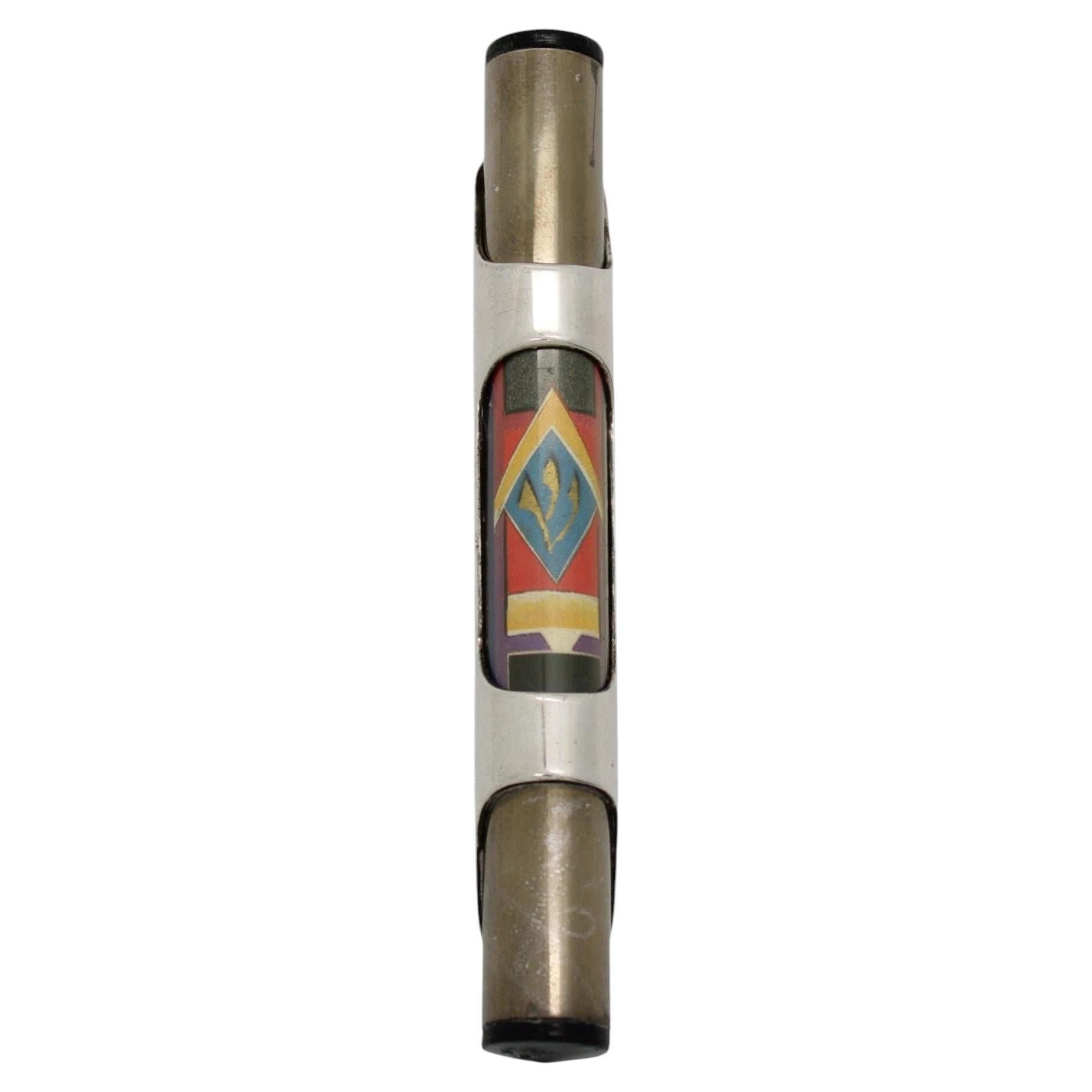 Modernist Silver and Metal Mezuzah Case with Colorful Geometric Design, 20th C.