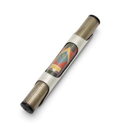 Modernist Silver and Metal Mezuzah Case with Colorful Geometric Design, 20th C.