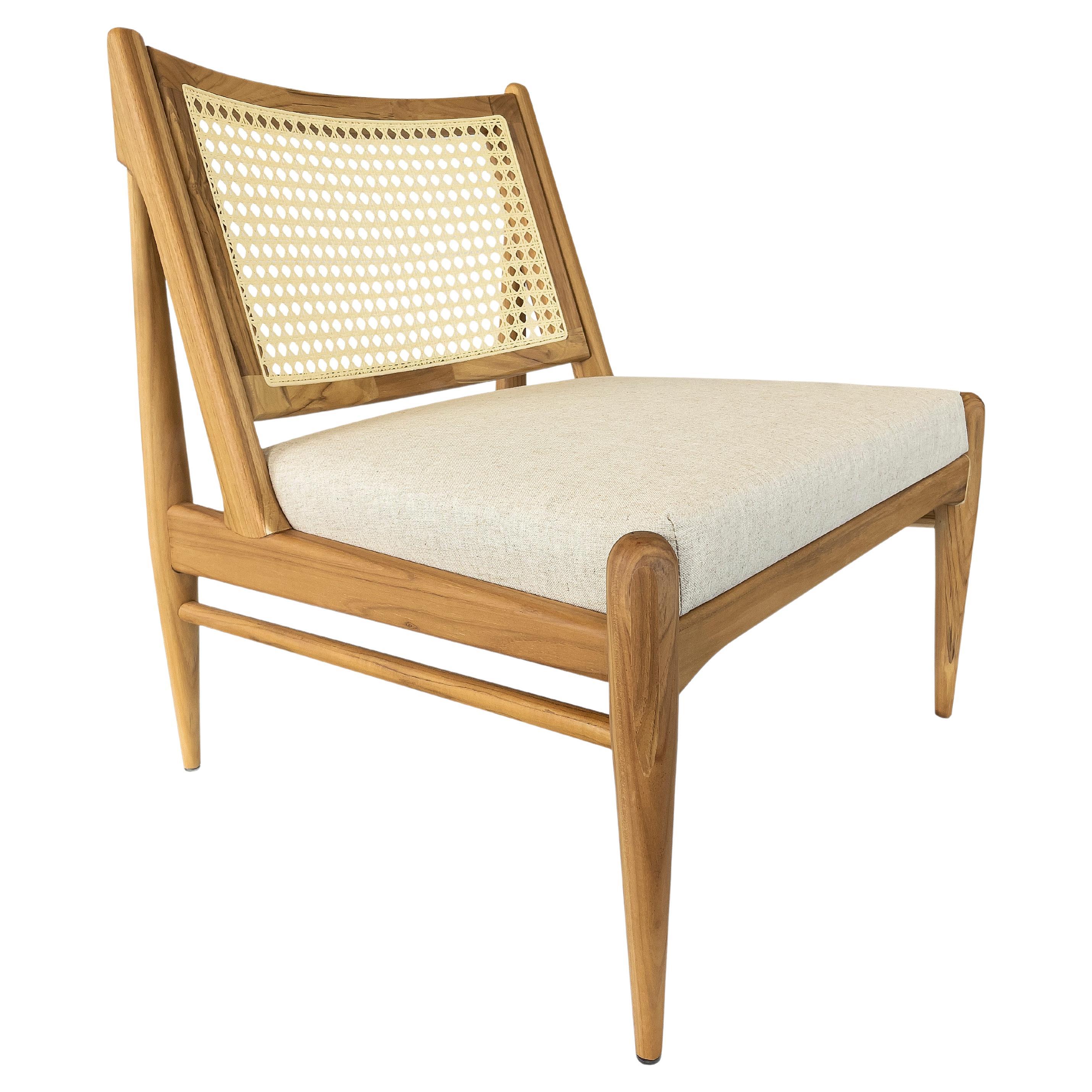 Donna Cane-Back Chair in Teak Wood Finish with Oatmeal Fabric Seat For Sale
