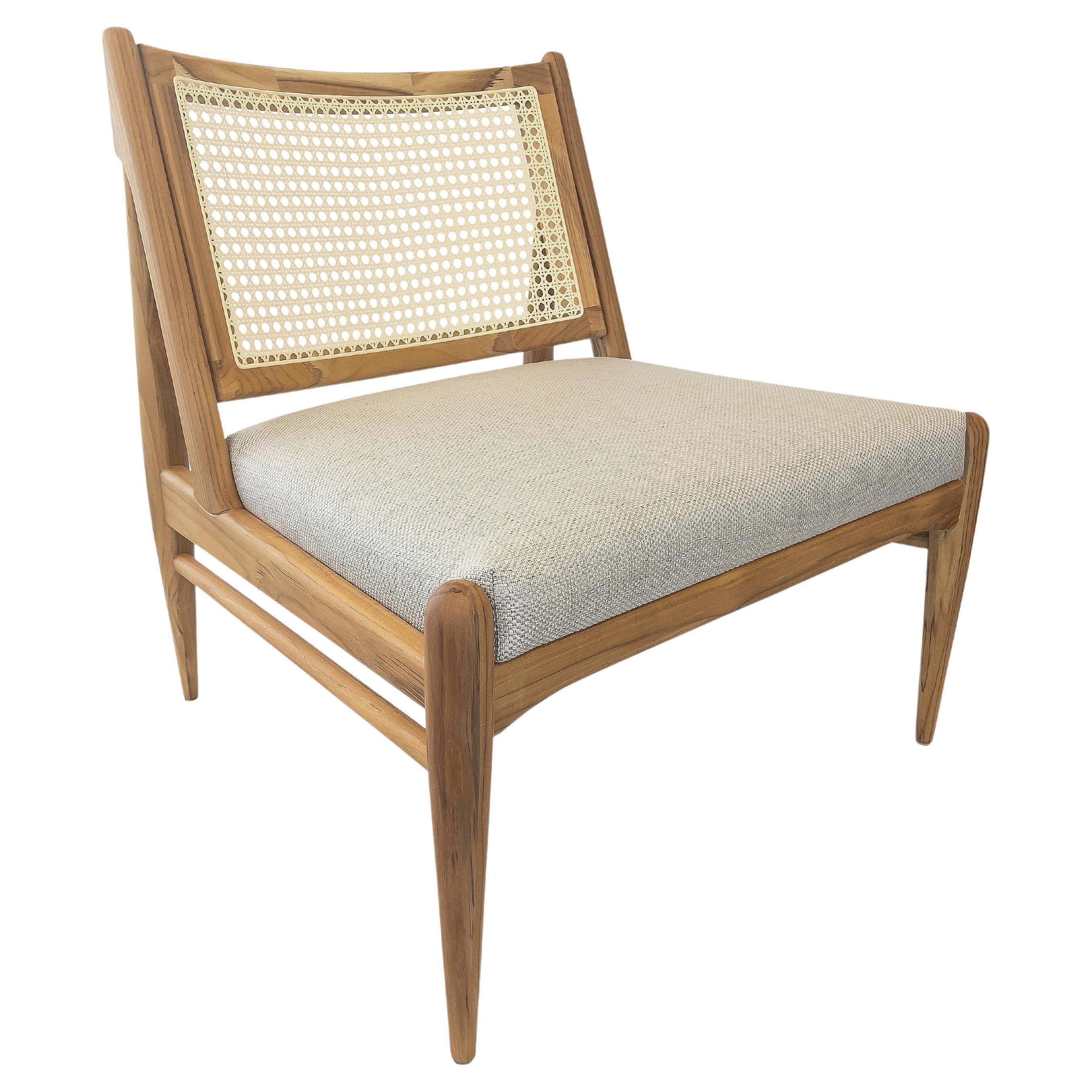 Donna Cane-Back Chair in Teak Wood Finish with Light Beige Fabric Seat For Sale